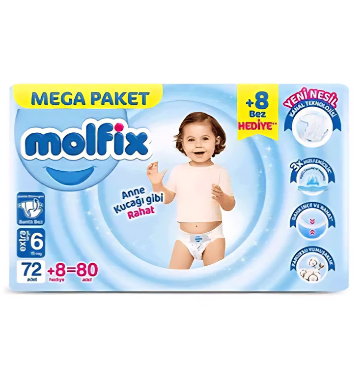 پوشک مولفیکس چسبی سایز 6 بسته80 عددی ترکیه (واردات قانونی از منطقه آزاد ارس)