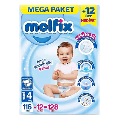 پوشک چسبی مولفیکس حاوی عصاره آلوئه ورا و بابونه سایز 4 بسته 128 عددی(اورجینال)(واردات قانونی از منطقه آزاد ارس)