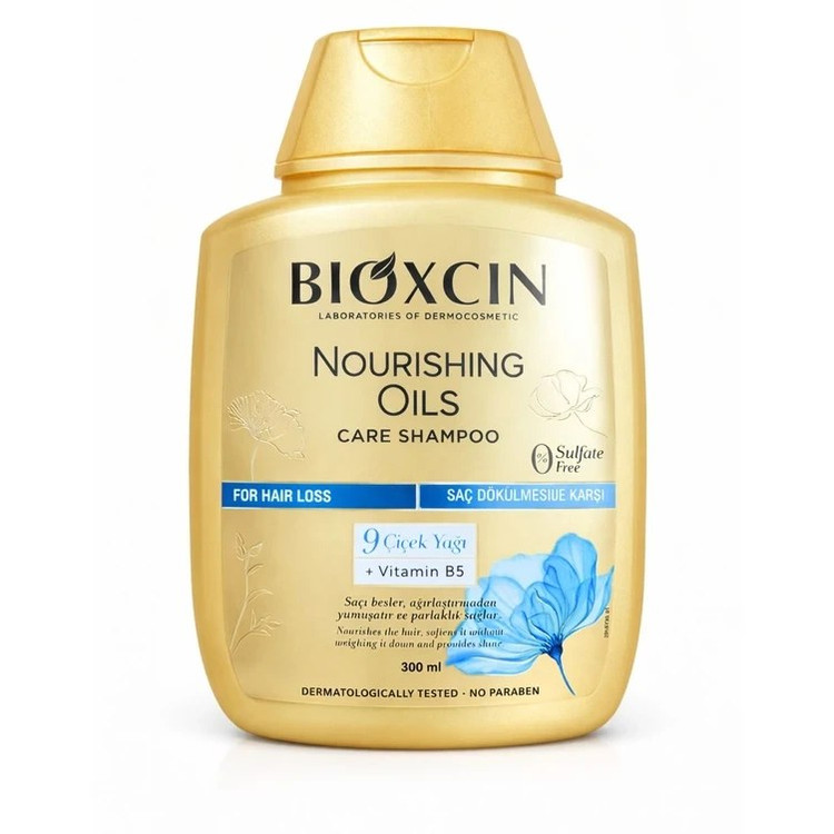 شامپو طلایی Bioxcin مدل Nourishing Oils بدون سولفات حاوی 9 روغن مغذی برای موهای خشک و آسیب دیده با حجم 300 میلی (واردات قانونی / اوریجینال)